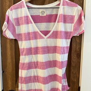 American Eagle Outfitters Pink and White Striped V-Neck Tee